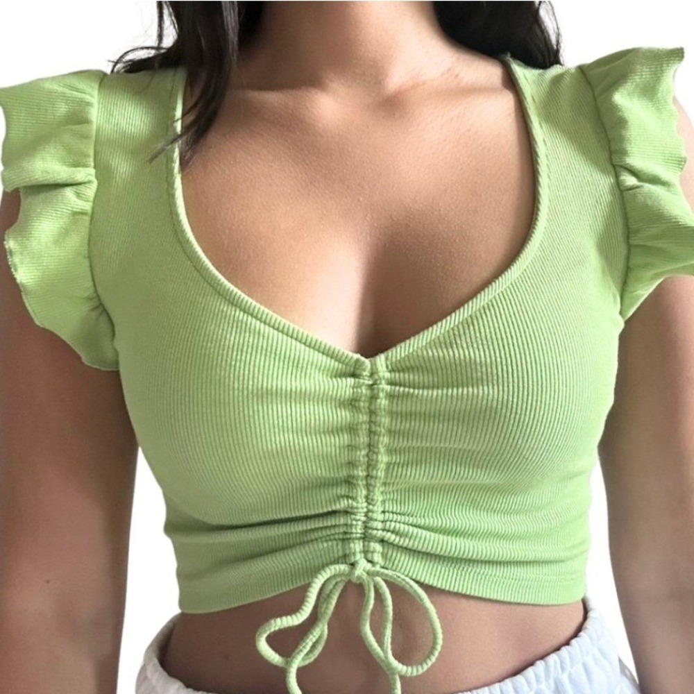Zara Womens Lime Green Ruched Front Tie Ruffle Cap Sleeve Ribbed Crop Top Large